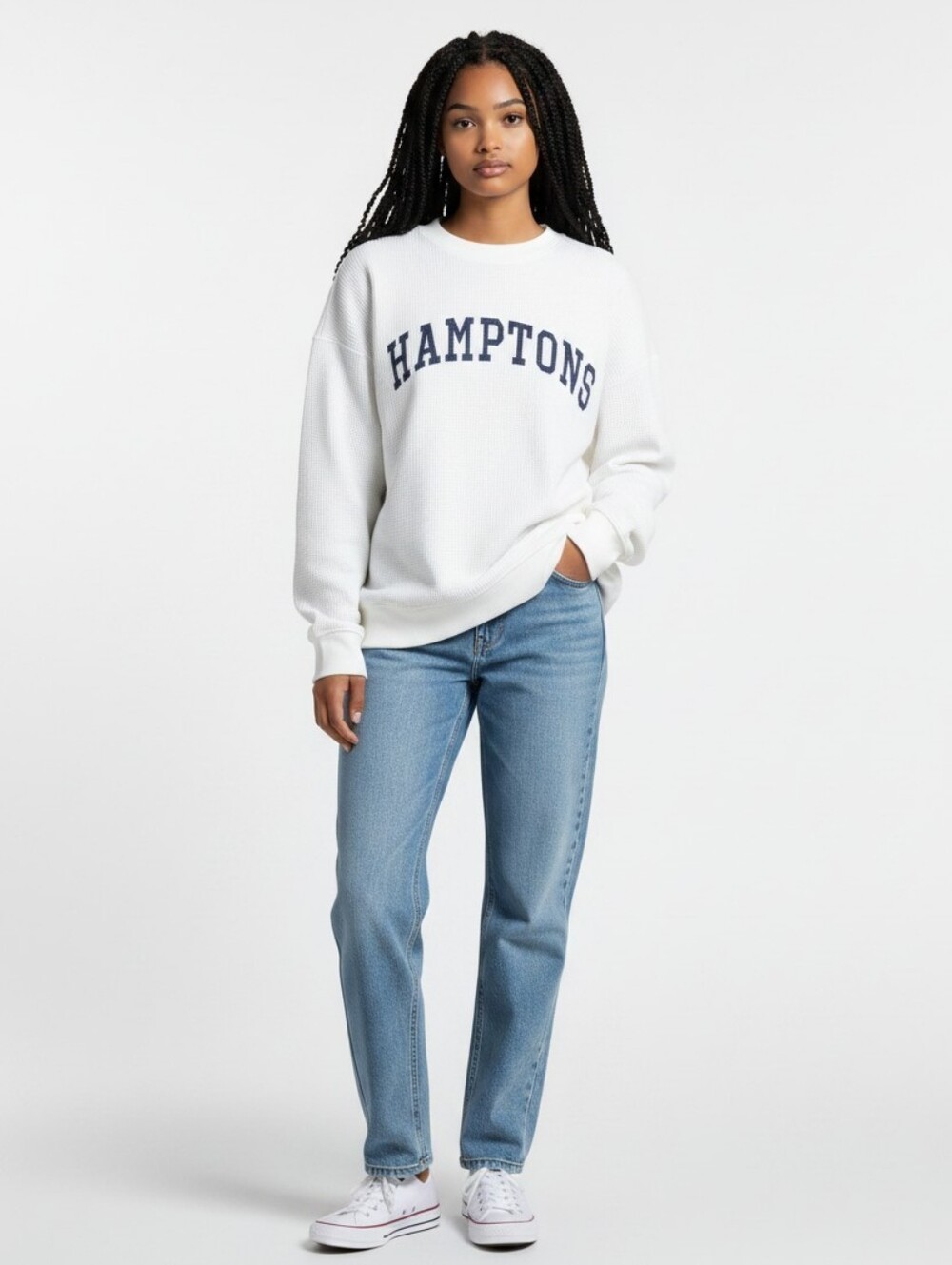 Chicka-D Hamptons White Long-Sleeve Waffle Knit Sweater Sweatshirt